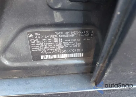2008 BMW 328Xi from USA, damaged, VIN WBAVC73588KX91811